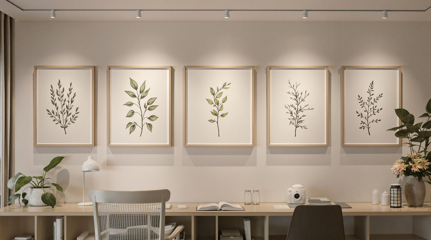 A calm creative workspace with botanical artworks