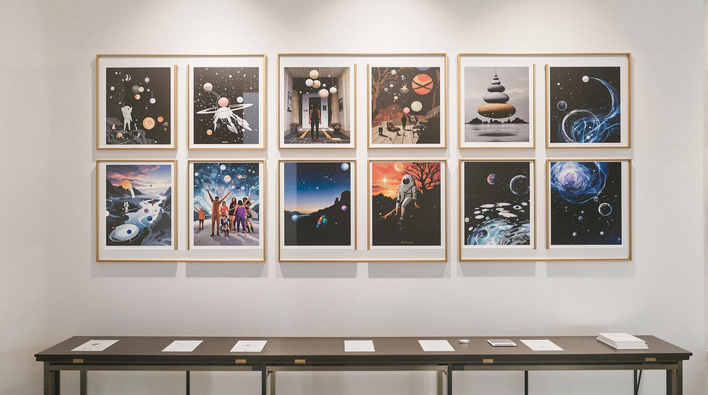 An expressive gallery installation representing the founder's multidisciplinary practice